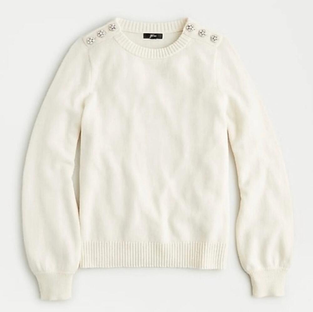 J. Crew Crewneck Sweater with Jeweled Buttons in Natural Ivory Sz M Lambswool